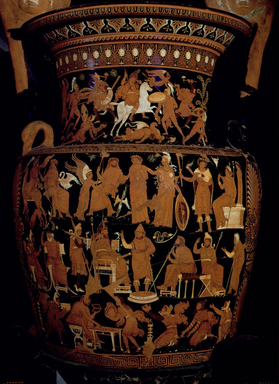 Cratera volútua de figuras vermelhas de Apúlia decorada com cenas de um rei persa e seus conselheiros ouvindo um mensageiro, uma personificação da Grécia e da Ásia diante de Zeus e dos súditos do imperador antes de uma de Darius Painter