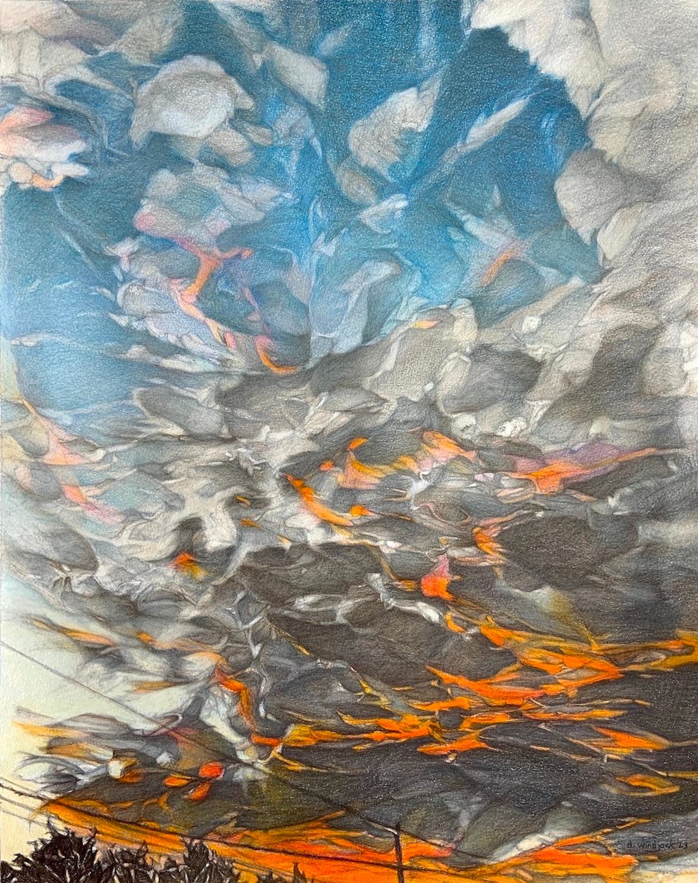 Fogo no céu, 2023 (lápis sobre papel) de Darrell Windjack