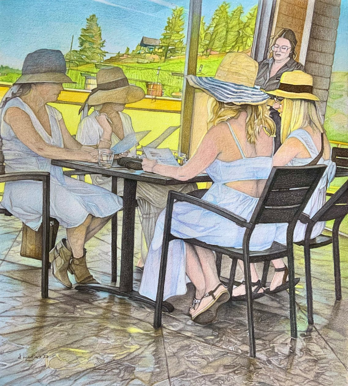 Senhoras que almoçam, 2023 (lápis sobre papel) de Darrell Windjack