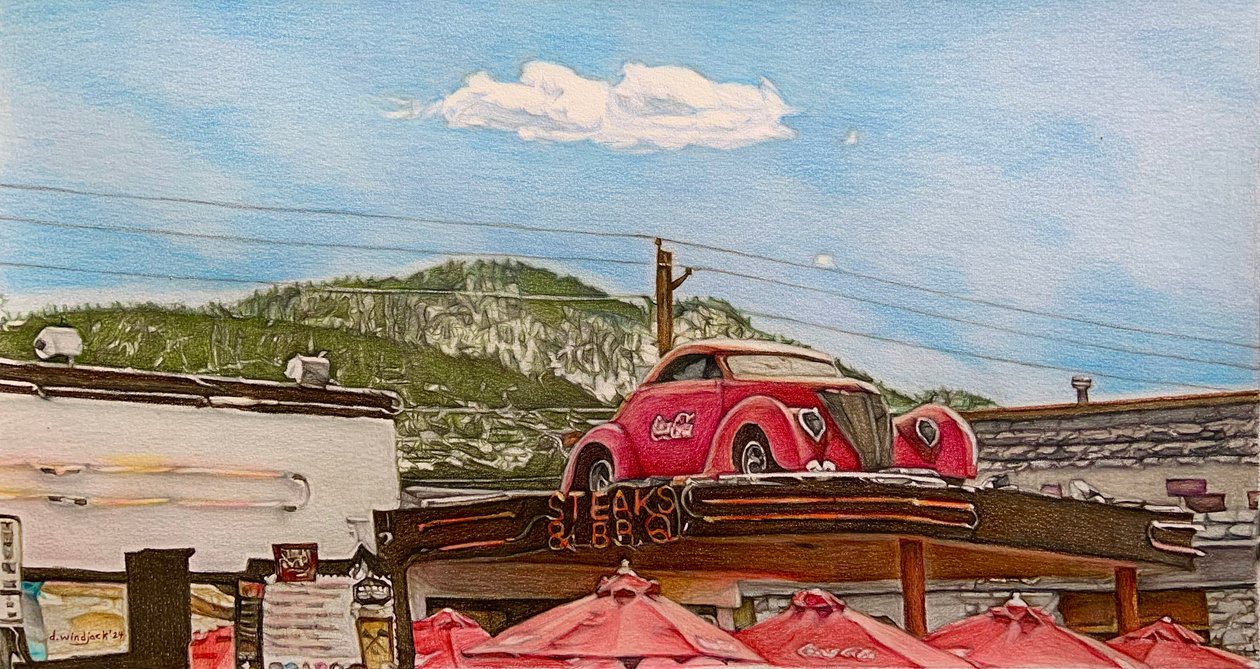 Pitstop on Route 66, 2024 (lápis sobre papel) de Darrell Windjack