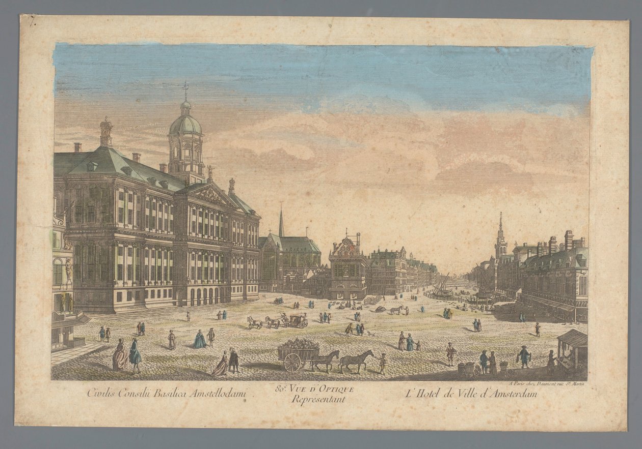 Vista da Câmara Municipal na Praça da Barragem em Amesterdão
Civilis Consilu Basilica Amstellodami / So.e Vue D