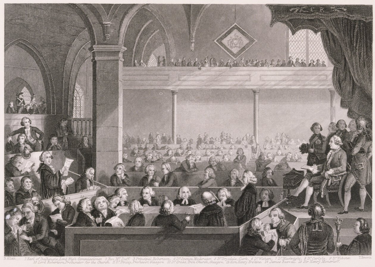 A Assembléia Geral da Igreja da Escócia, em 1783, gravada por T. Brown, de "World Religion", publicado por A. Fullarton und Co. de David Allan