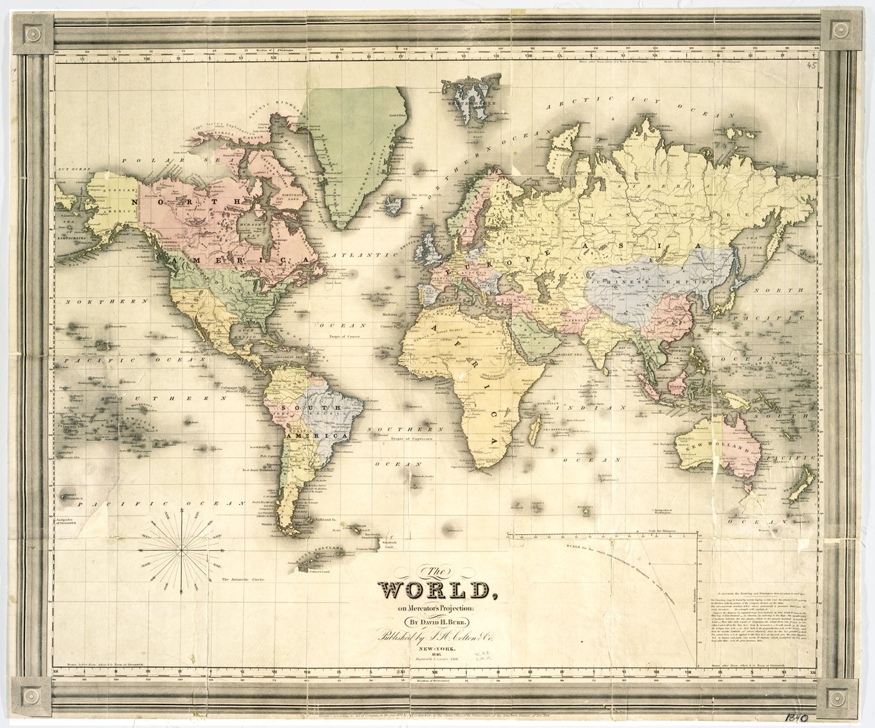 O mundo na projeção de Mercator, 1840 (impressão colorida à mão) de David Burr