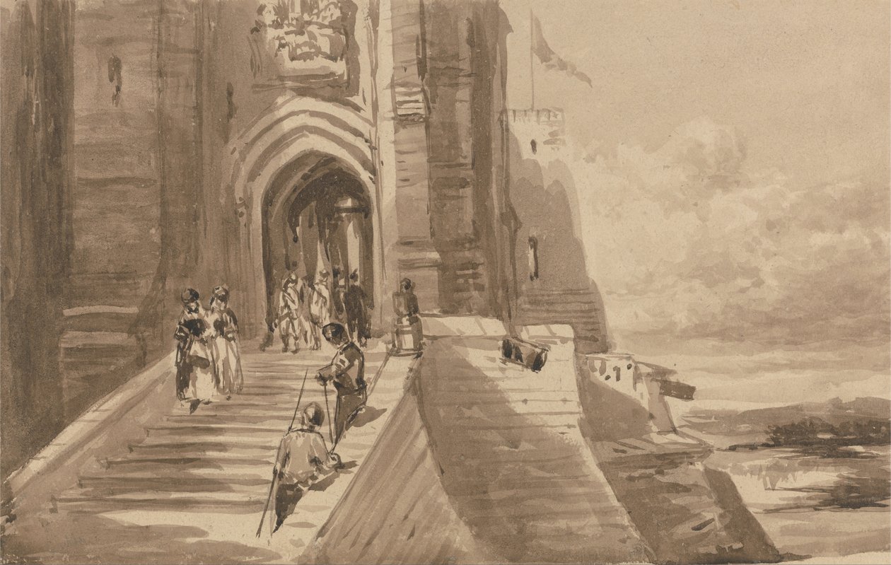 Figuras na escadaria exterior de um castelo de David Cox