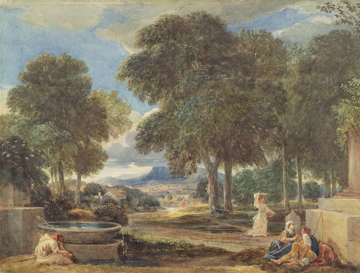 Paisagem com um homem lavando os pés em uma fonte, depois de Nicolas Poussin (1594-1665) de David Cox