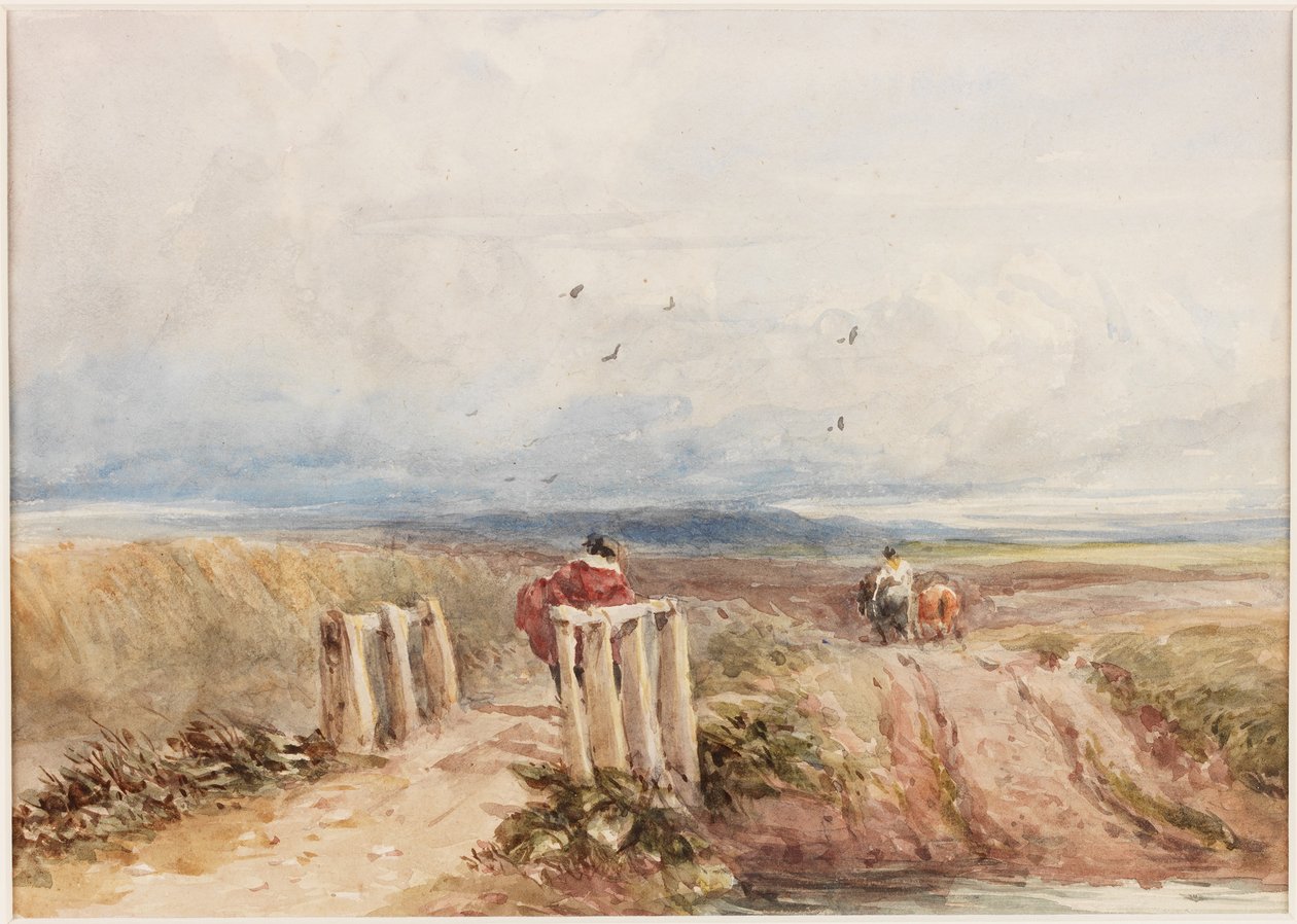Moorland com figuras (lápis e aquarela sobre papel (colado a bordo)) de David Cox