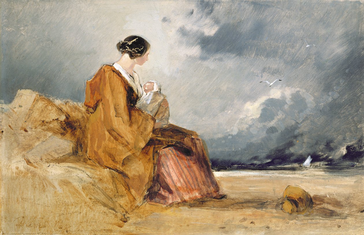 Mãe e criança em uma praia de David Cox