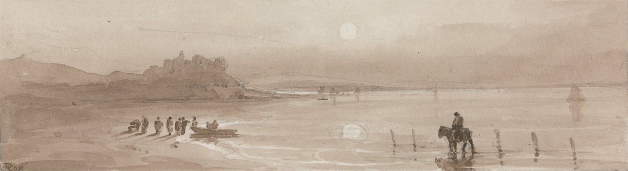 Litoral, pôr do sol, com, castelo harlech de David Cox