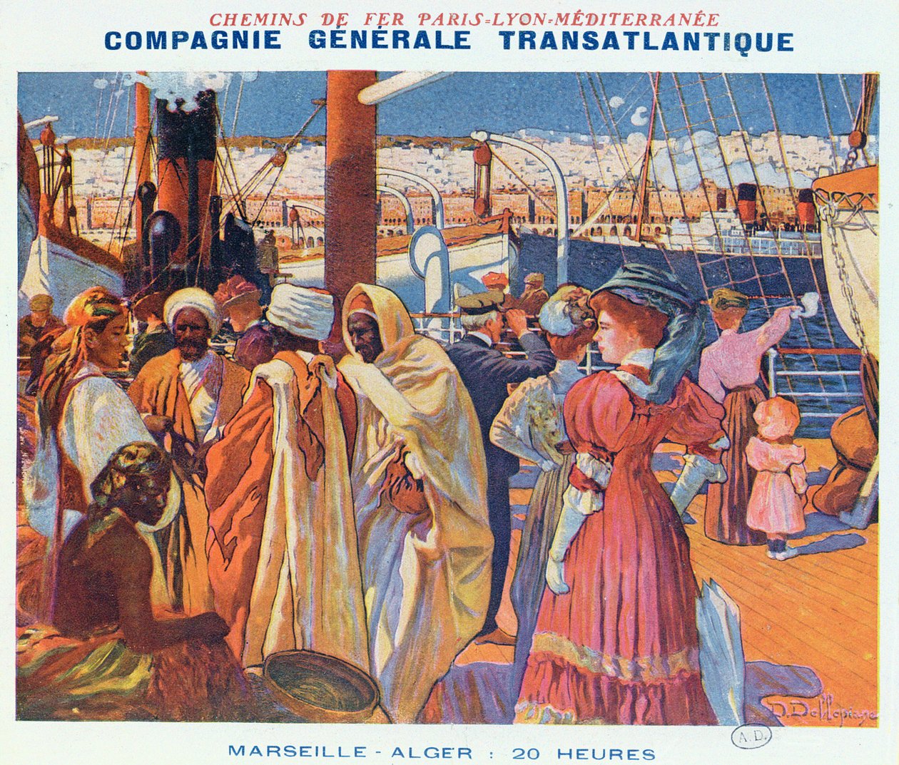 Cartaz publicitário do serviço de barco "Compagnie Generale Transatlantique" de Marselha a Argel em 20 horas, 1909 de David Dellepiane