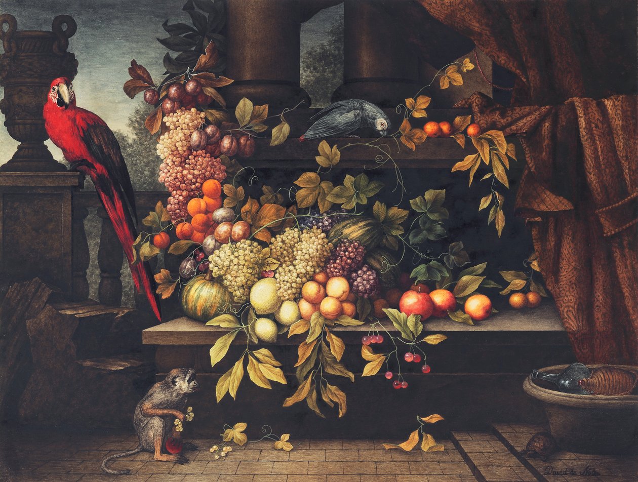 Uma natureza morta com frutas, refrigerador de vinho, macaco, papagaios e uma tartaruga em um pórtico de David Emil Joseph de Noter