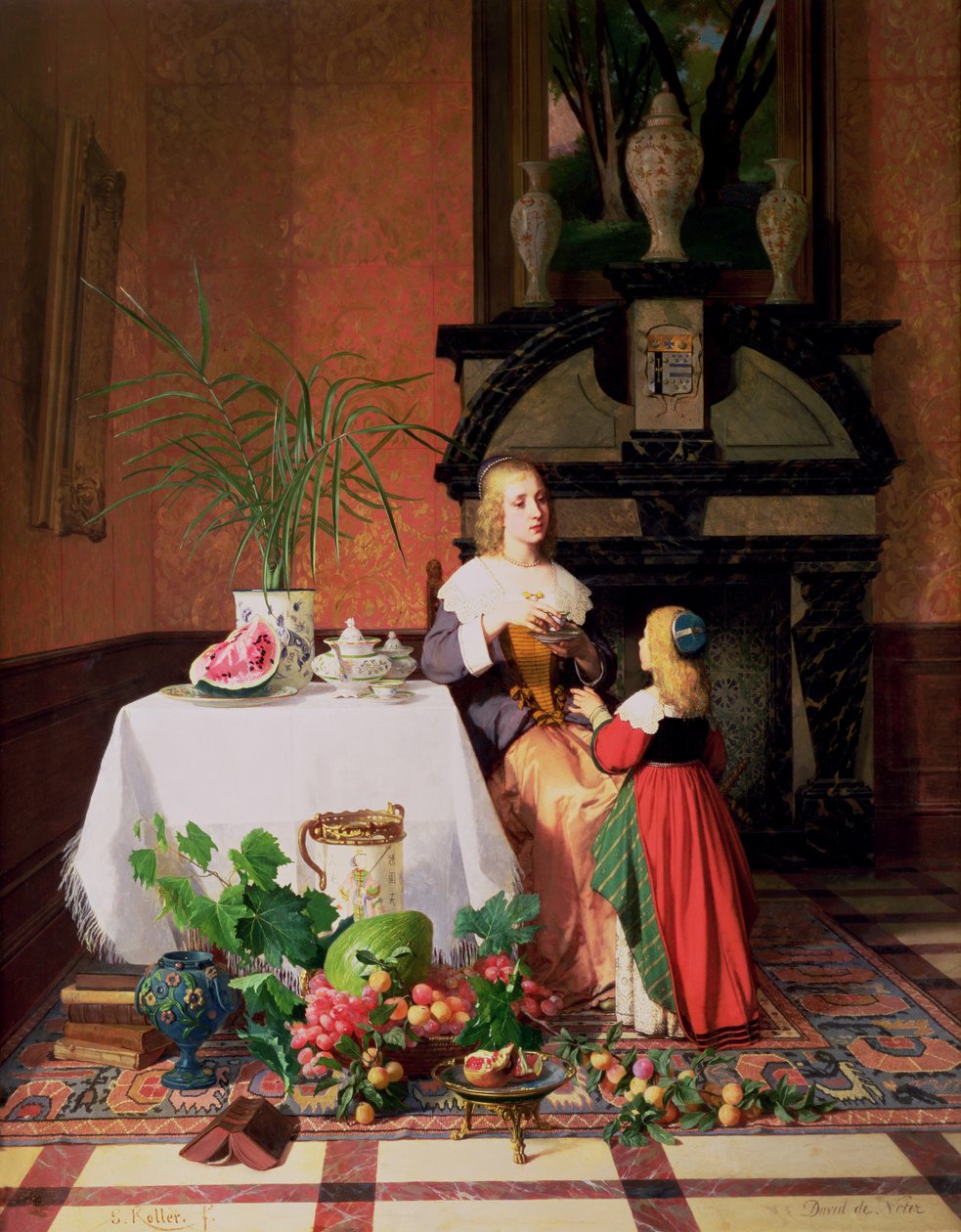 Interior com figuras e frutas (óleo) de David Emil Joseph de Noter