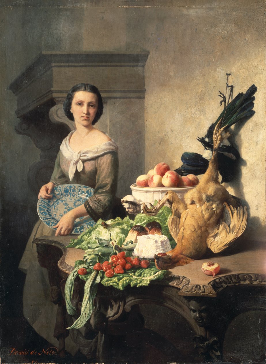Menina servindo de pé por uma mesa lateral coberta com comida, 1859 de David Emil Joseph de Noter