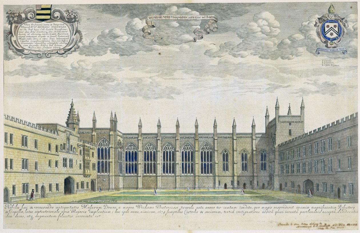 Collegium Novum: vista elevada do New College Front Quad do sul, 1675 (gravura com posterior coloração da mão) de David Loggan