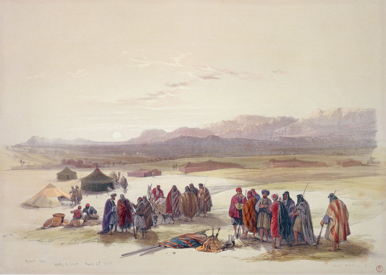 Acampamento do Alloeen em Wady Araba (litho colorido à mão) de David Roberts