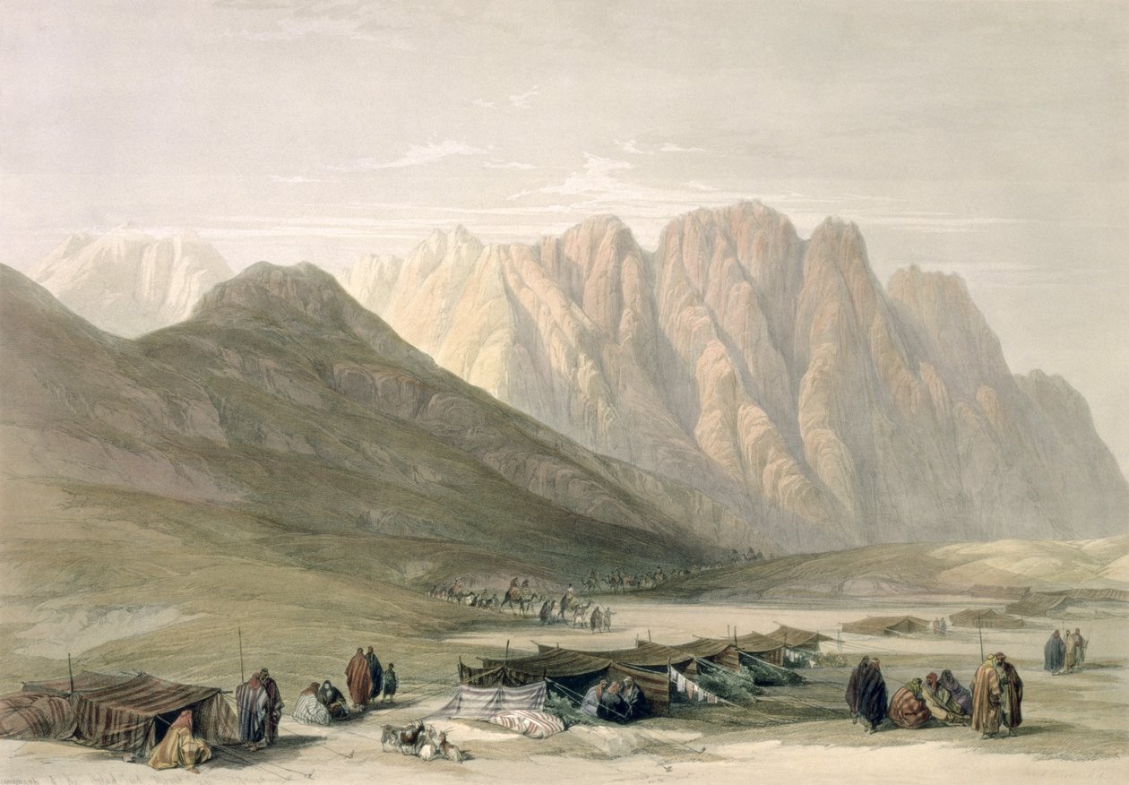 Acampamento do Aulad-Said, Monte Sinai, 18 de fevereiro de 1839, placa 110 do Volume III da "Terra Santa", gravada por Louis Haghe (1806-85) pub. 1849 de David Roberts