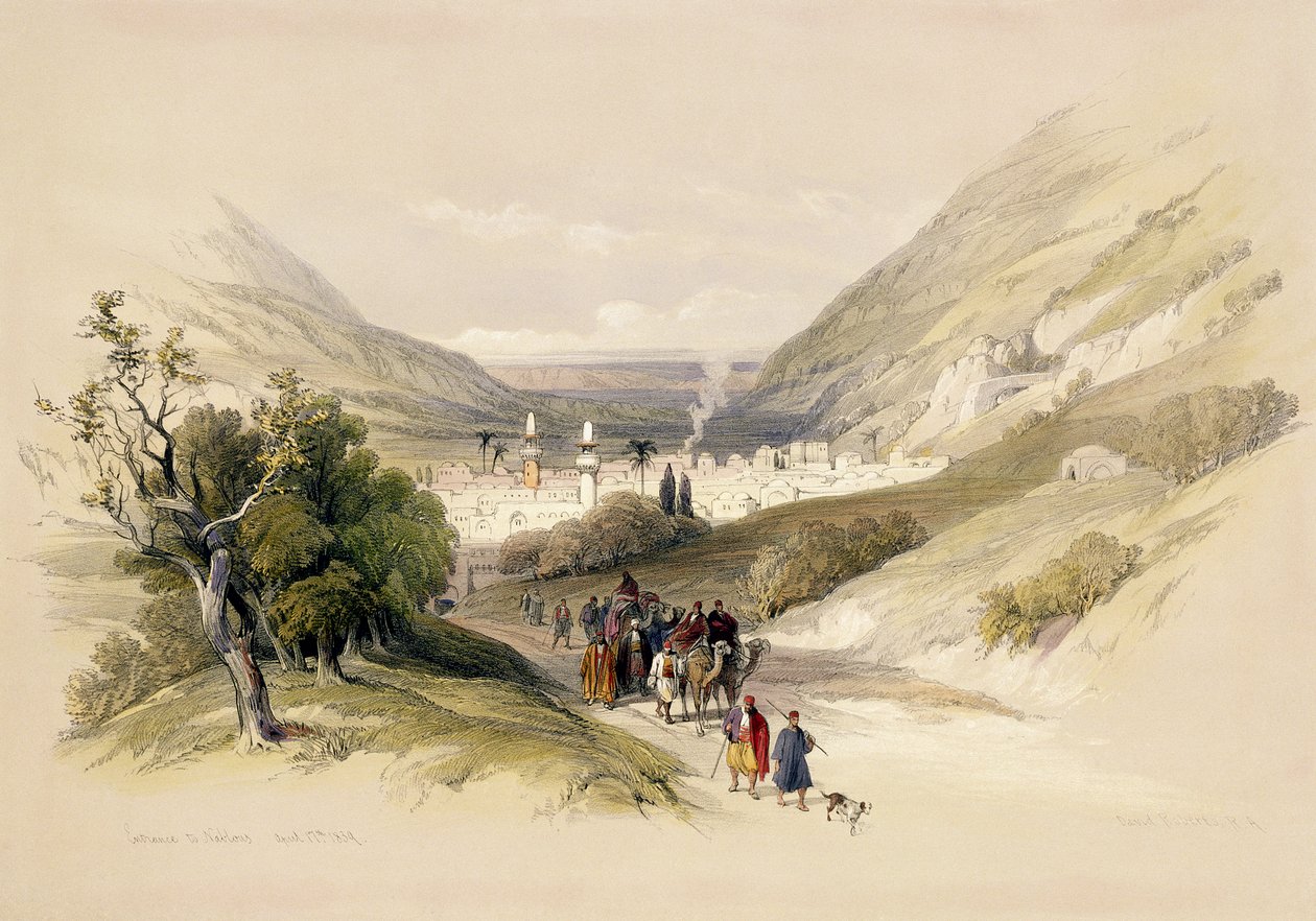 Entrada para Nablous, 17 de abril de 1839, prato 41 do Volume I de &39;The Holy Land&39;, gravado por Louis Haghe (1806-85) pub. 1842 de David Roberts