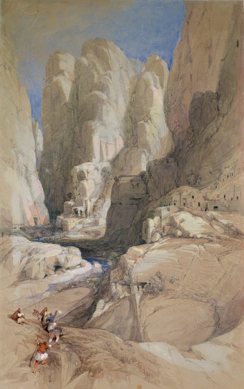 Entrada para Petra, Jordânia, 1839 (wc aumentado com branco sobre papel cinza claro) de David Roberts