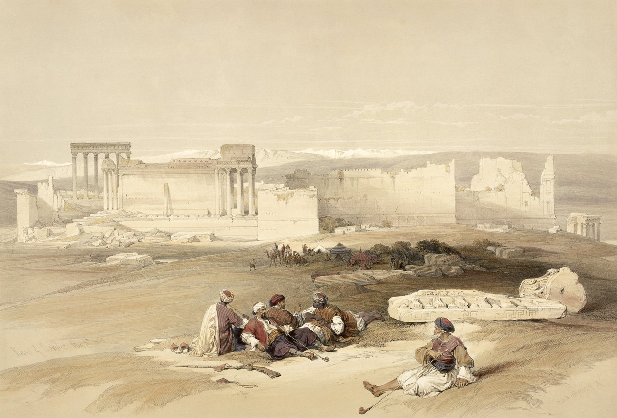 Ruínas de Baalbec, 5 de maio de 1839, prato 77 do Volume II da "Terra Santa", gravado por Louis Haghe (1806-85) pub. 1843 de David Roberts
