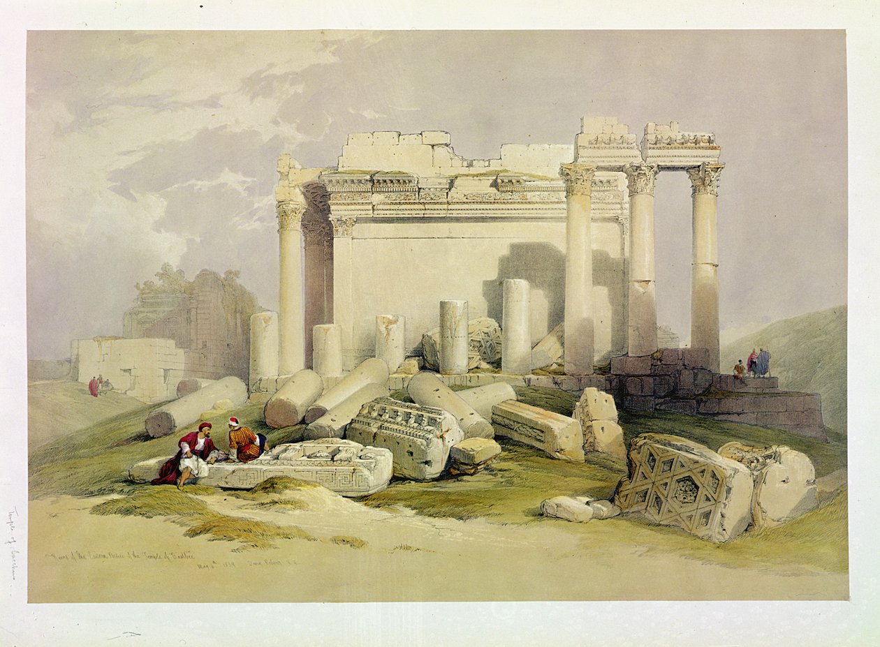 Ruínas do Pórtico Oriental do Templo de Baalbec, 6 de maio de 1839, prato 83 do Volume II da "Terra Santa", gravado por Louis Haghe (1806-85) pub. 1843 de David Roberts