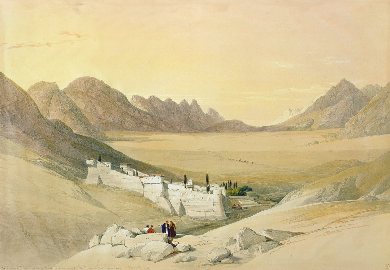 O Convento de Santa Catarina, Monte Sinai, olhando para a Planície do Acampamento, em 21 de fevereiro de 1839, prato 116 do Volume III da Terra Santa, gravado por Louis Haghe (1806-85) pub. 1849 (l de David Roberts
