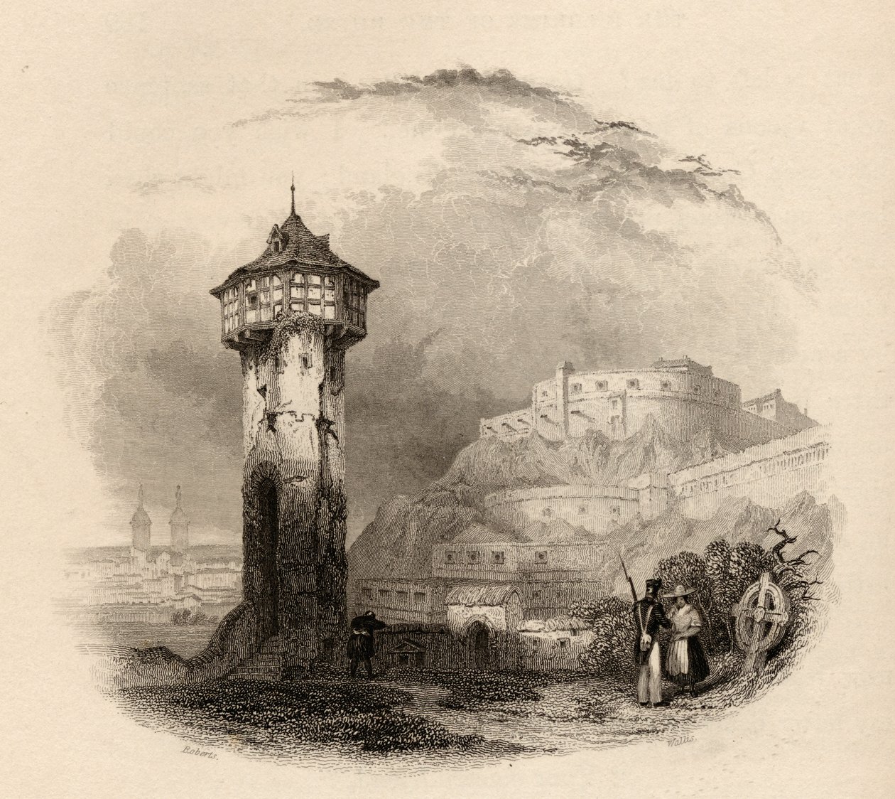 A torre romana em Thal, Ehrenbreitstein, gravada por Wallis, ilustração de "Os peregrinos do Reno", publicada em 1840 de David Roberts