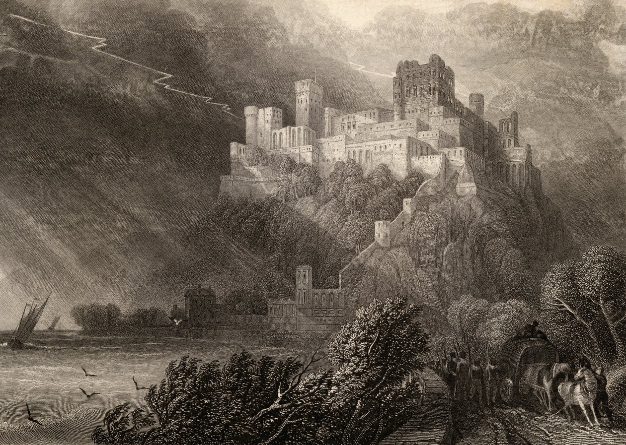 As ruínas de Rheinfels, gravadas por W. Radclyffe, ilustração de "Os peregrinos do Reno", publicada em 1840 de David Roberts