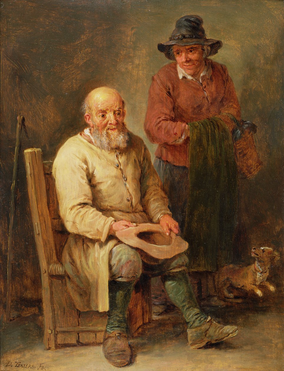 Um homem sentado com uma mulher ao seu lado e um cachorro a seus pés, século XVII de David Teniers the Younger
