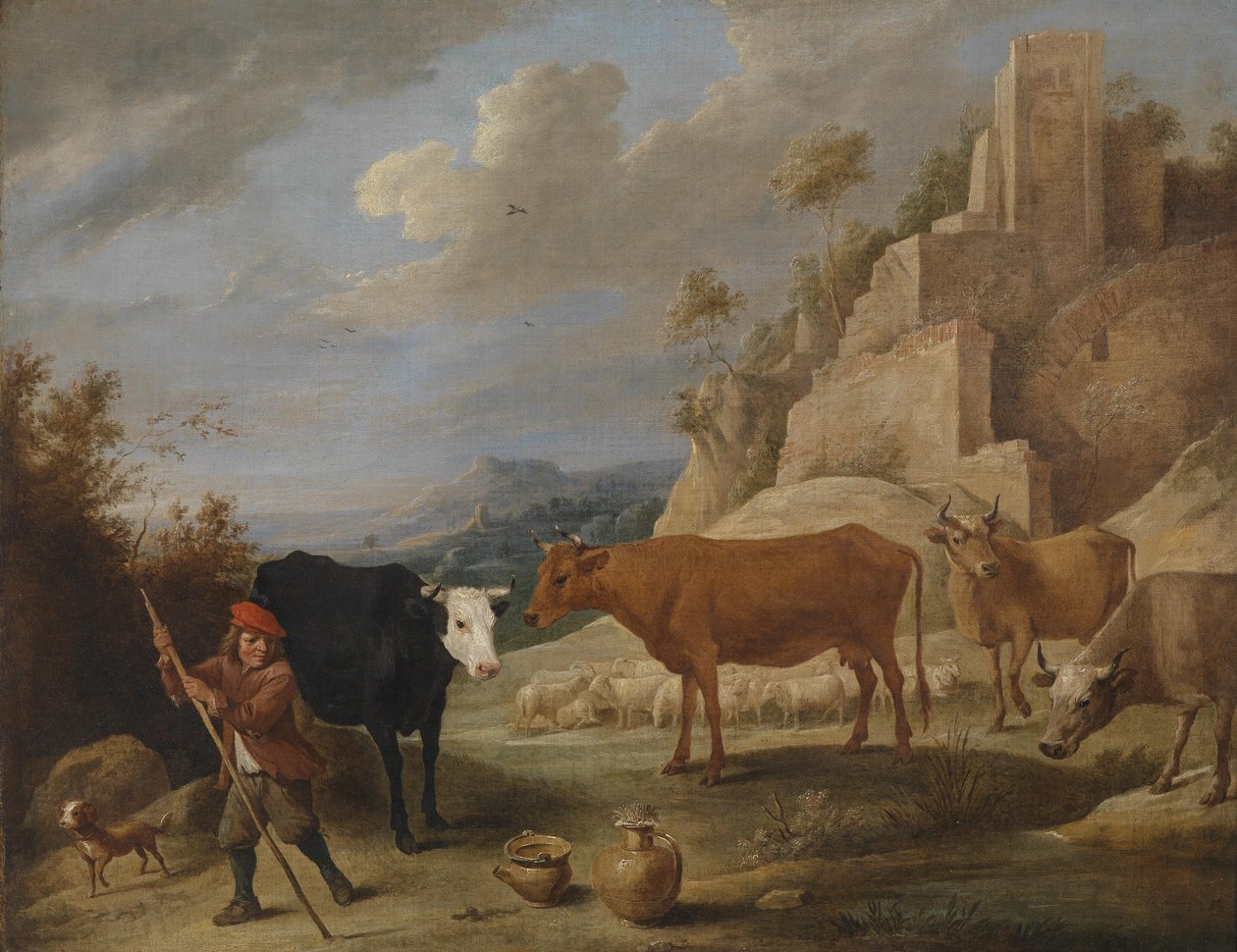 Um pastor com seu rebanho em uma paisagem com ruínas de David Teniers the Younger