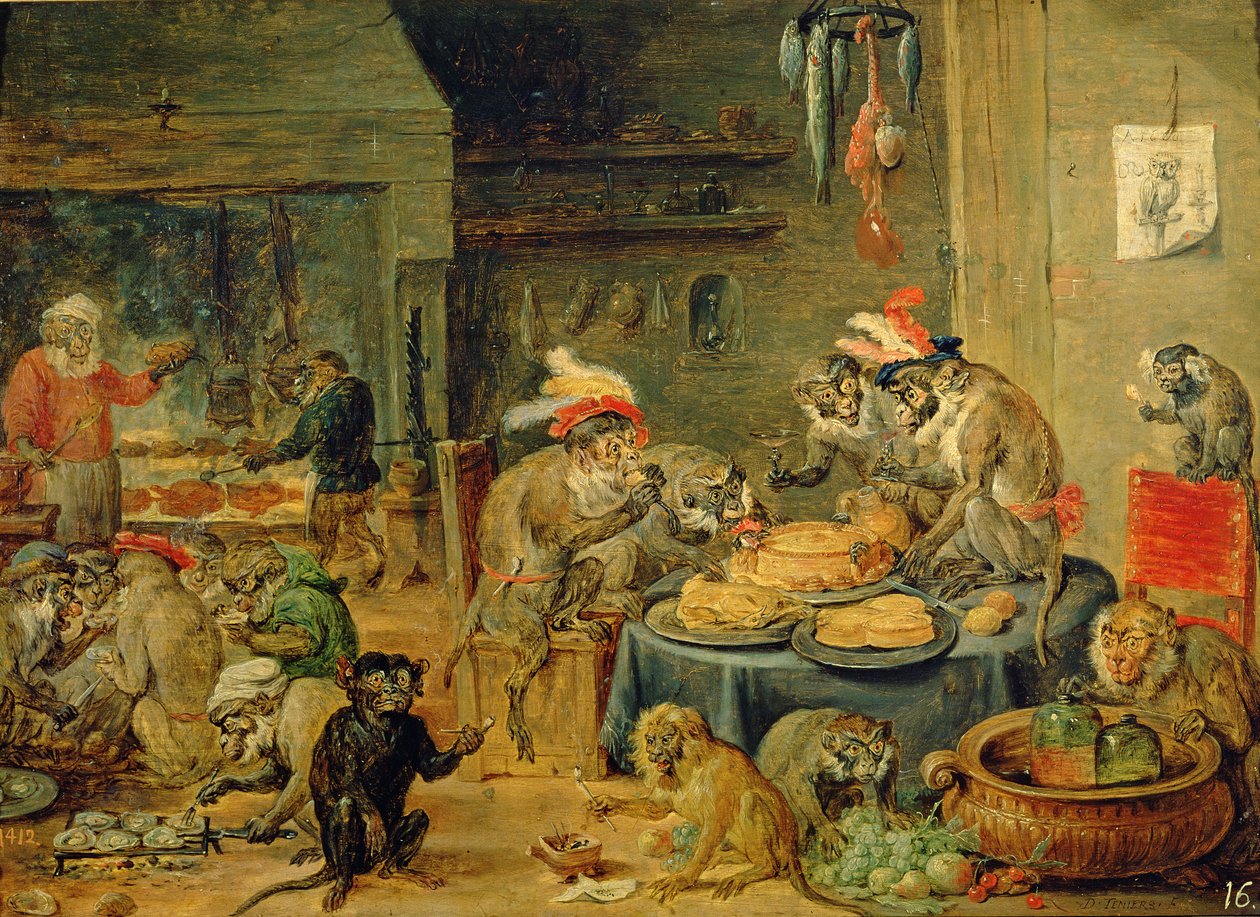 Banquete de Macacos, 1810 (óleo sobre madeira) de David Teniers the Younger