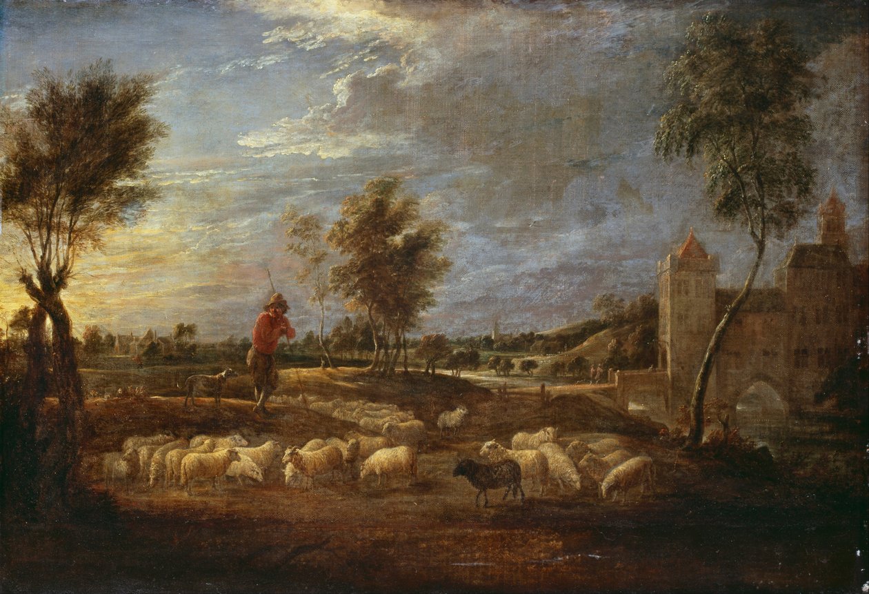 Paisagem do sol com um pastor e seu rebanho de David Teniers the Younger