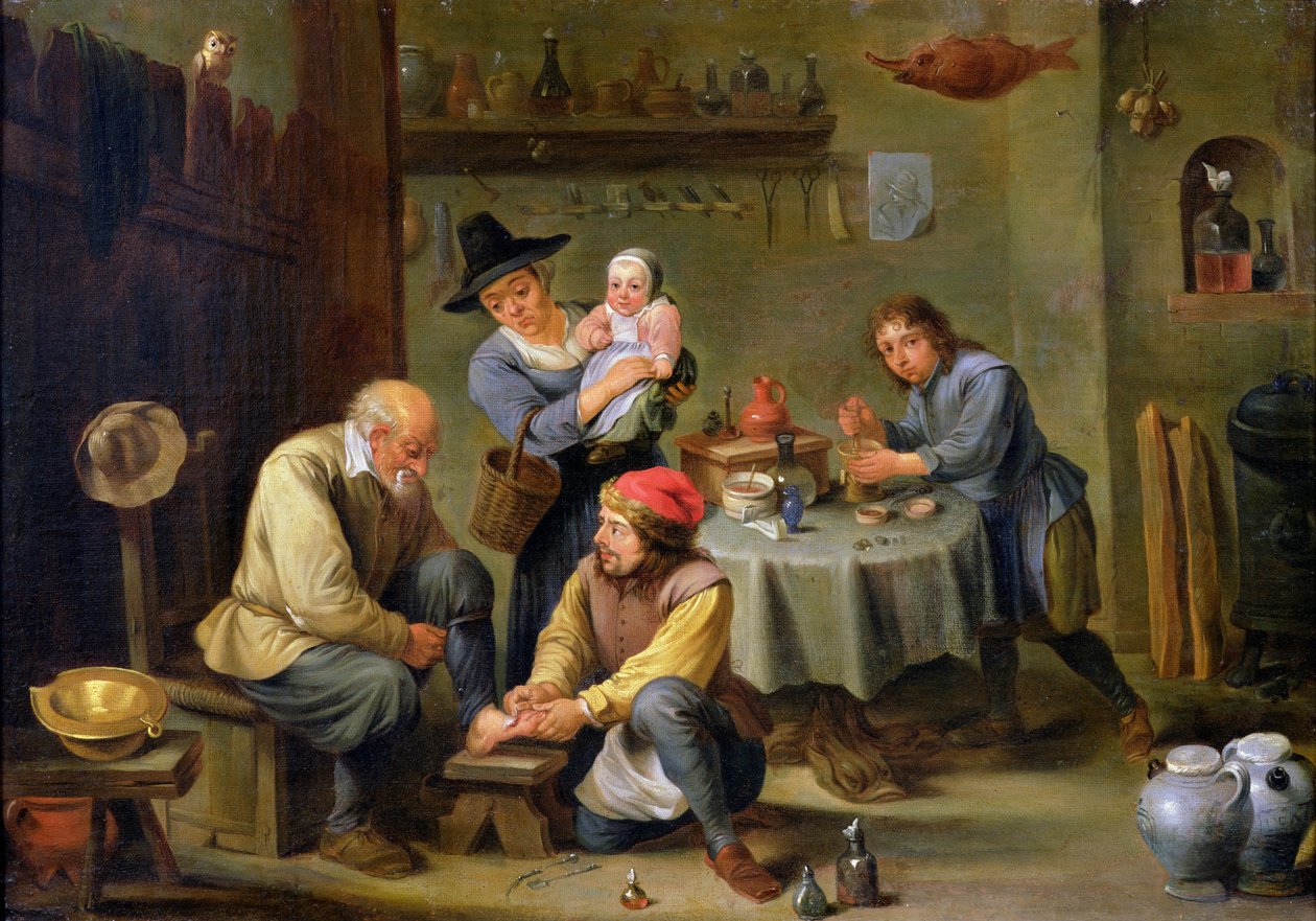 Cirurgião cuidando do pé de um homem velho de David Teniers the Younger