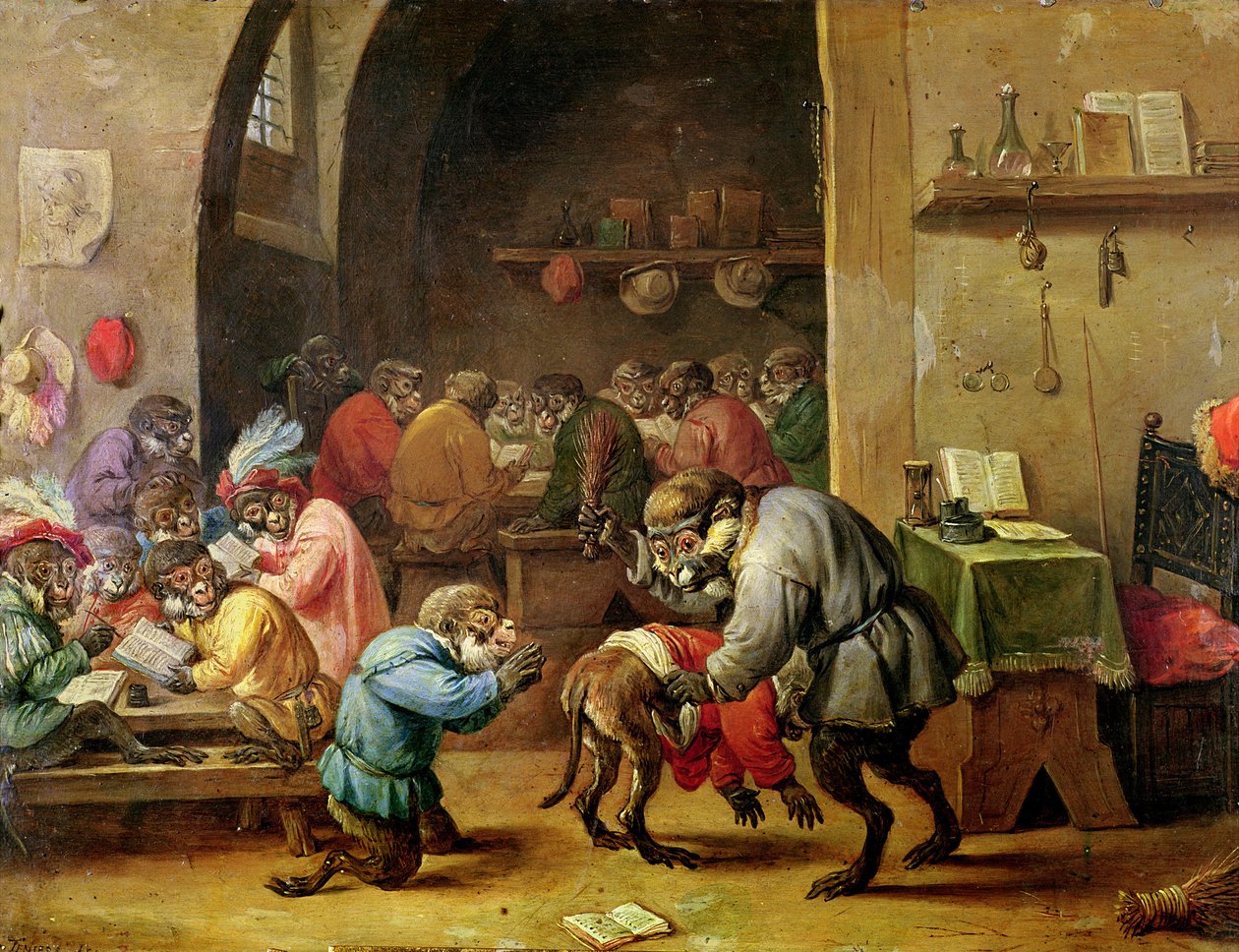 Os macacos na escola (óleo em cobre) de David Teniers the Younger