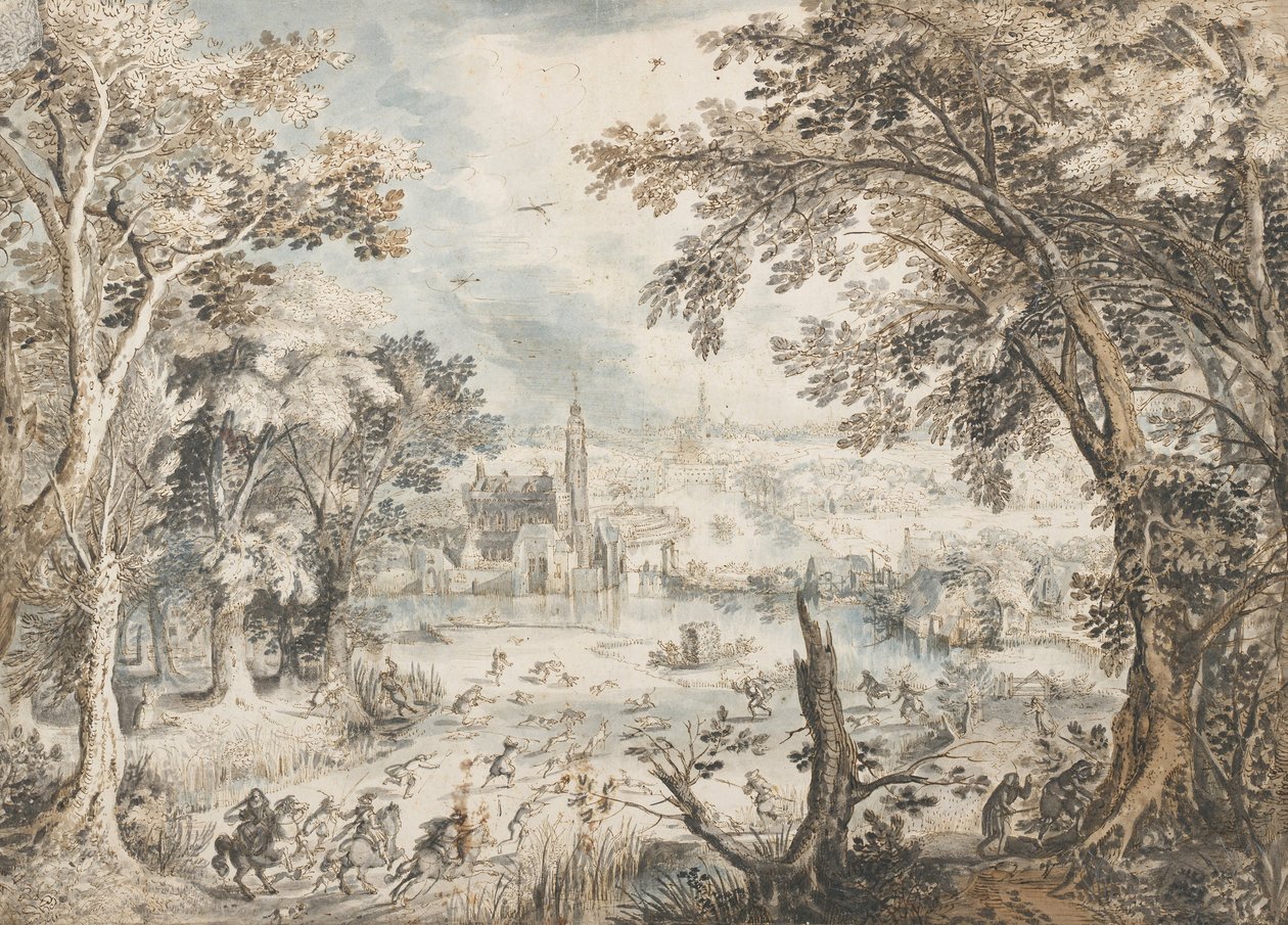Paisagem com uma caça à lebre, 1601-1602 de David Vinckboons