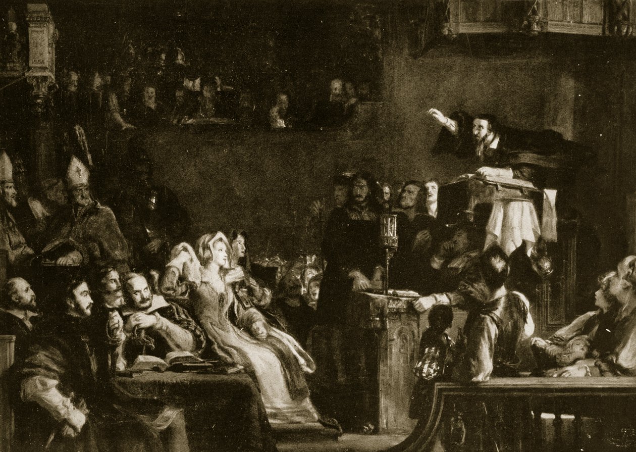 John Knox pregando diante dos Senhores da Congregação na Catedral de St. Andrews, em 1559, ilustração da &39;Hutchinson&39;s Story ofthe British Nation&39;, c.1923 de David Wilkie