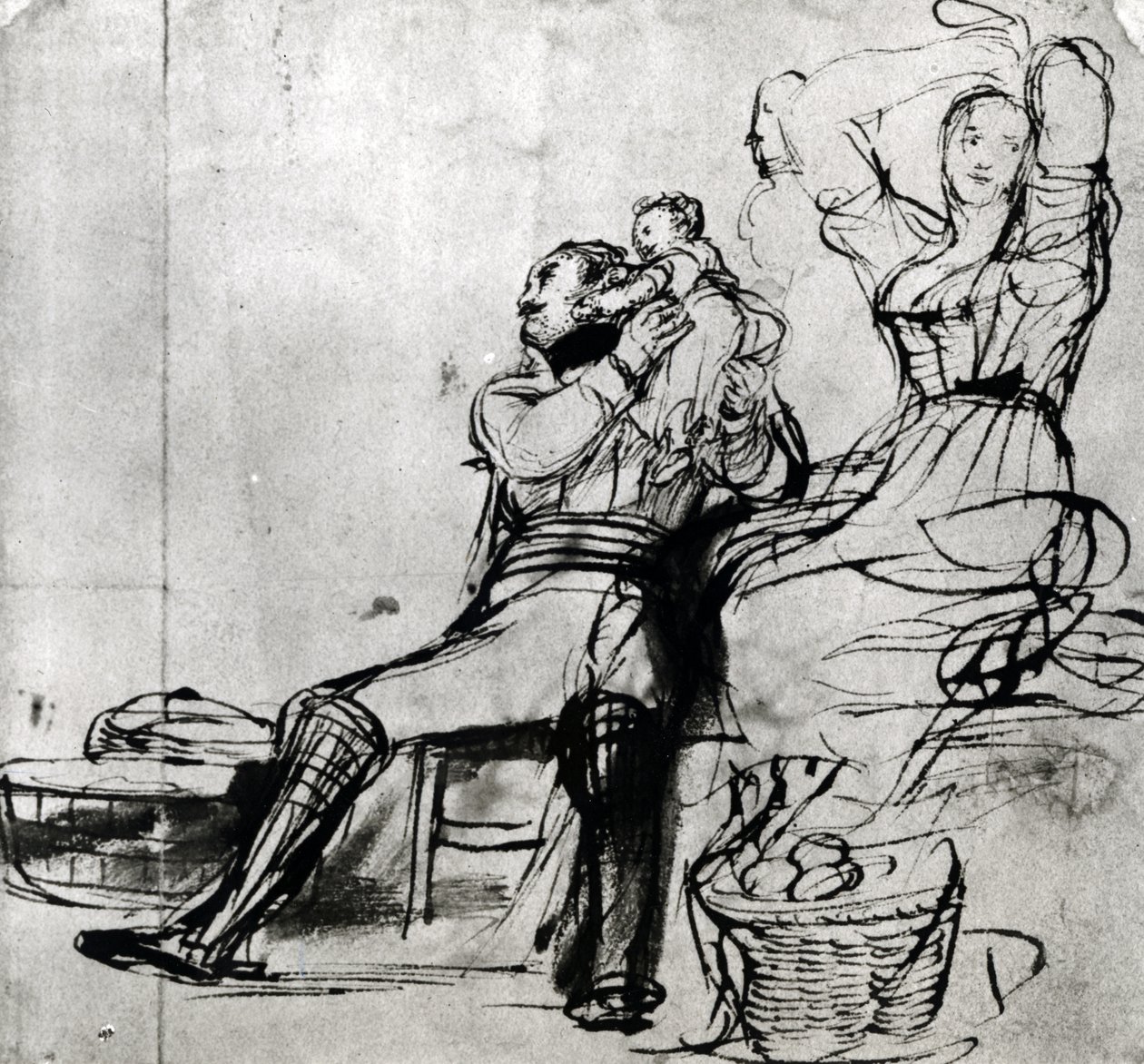 Estudo das Figuras para &39;Pensionistas de Chelsea que leem a Gazeta da Batalha de Waterloo&39;, 1816-22 (caneta e tinta no papel) de David Wilkie