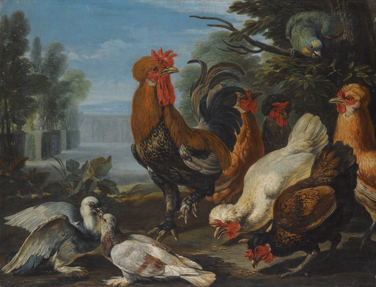 Um galo, galinhas, pombos e um papagaio em um jardim de David de Coninck
