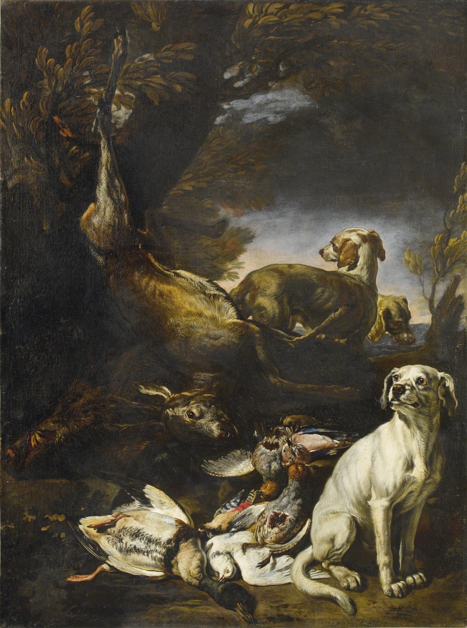 Jogo sentado guardado por cães numa paisagem florestal de David de Coninck