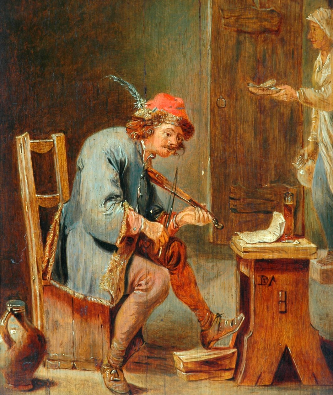 Homem tocando um violino, 1800-50 (óleo no painel de madeira) de David Teniers the Younger