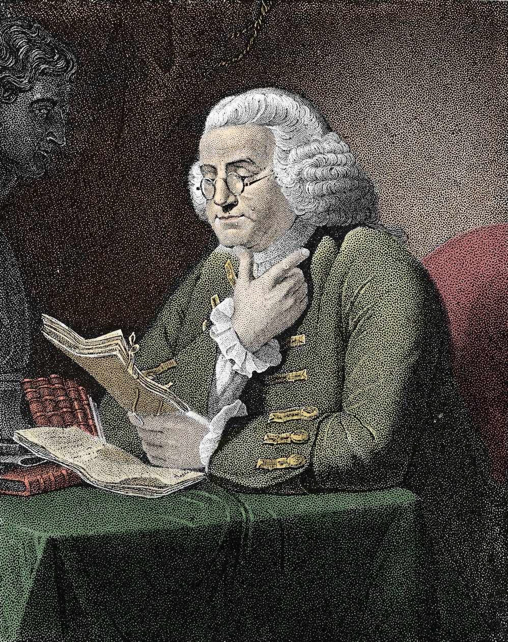 Retrato de Benjamin Franklin (1706-1790), filósofo, físico e embaixador americano. Gravura depois de um quadro de David Martin. de David (after) Martin