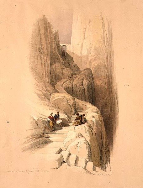 Ascensão à Cimeira do Sinai, 20 de Fevereiro de 1839, placa 115 do Volume III de "A Terra Santa", gravada por Louis Haghe (1806-85) pub. 1849 (litho) de David (after) Roberts