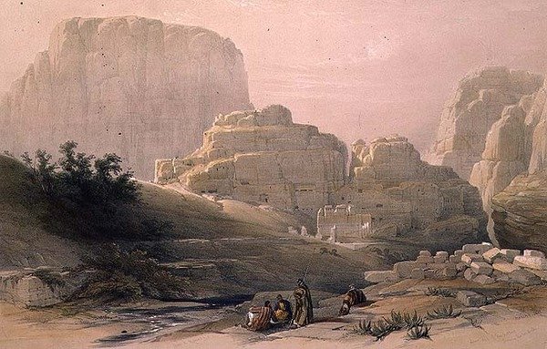 Final Inferior do Vale mostrando a Acrópole, Petra, 9 de março de 1839, placa 102 do Volume III de 