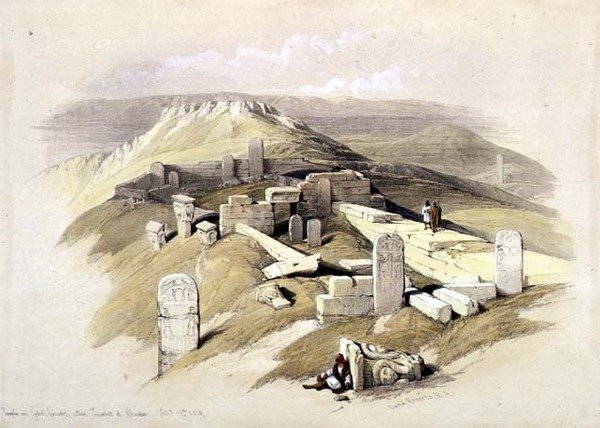 Templo em Gebel Garabe, chamado Surabit el Khadim, 17 de fevereiro de 1839, placa 119 do Volume III de "A Terra Santa", gravado por Louis Haghe (1806-85) pub. 1849 (litho) de David (after) Roberts
