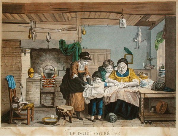 The Cut Finger, gravada por Joly, c.1830-40 (gravação a cores) de David (after) Wilkie