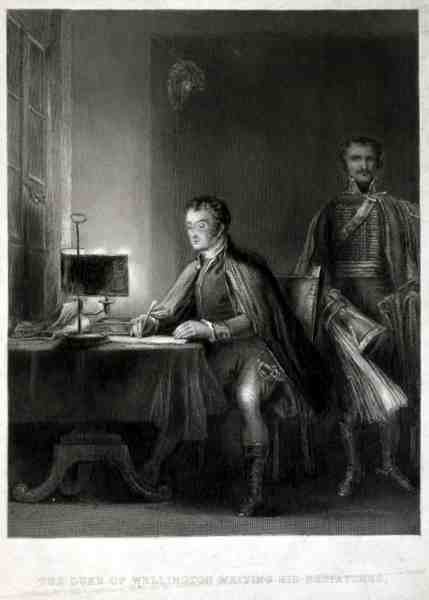 O Duque de Wellington Escrevendo seus despachos, gravado por William Greatbach (b.1802) (gravura) de David (after) Wilkie