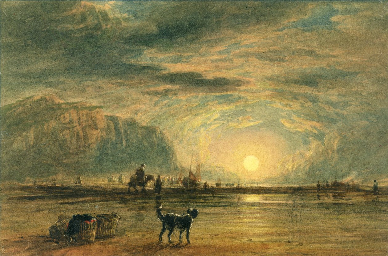 Beach Scene - Sunrise, c.1820 (aquarela e caneta sobre grafite no papel) de David (attr. to) Cox