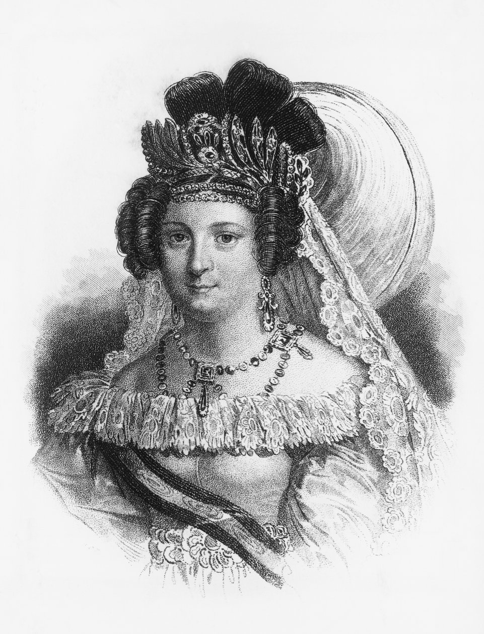 Retrato de Maria Cristina de Borbon (1806-1878), rainha consorte de Espanha de 1829 a 1833, e rainha regente de 1833 a 1840, gravura de John Ward Dunsmore