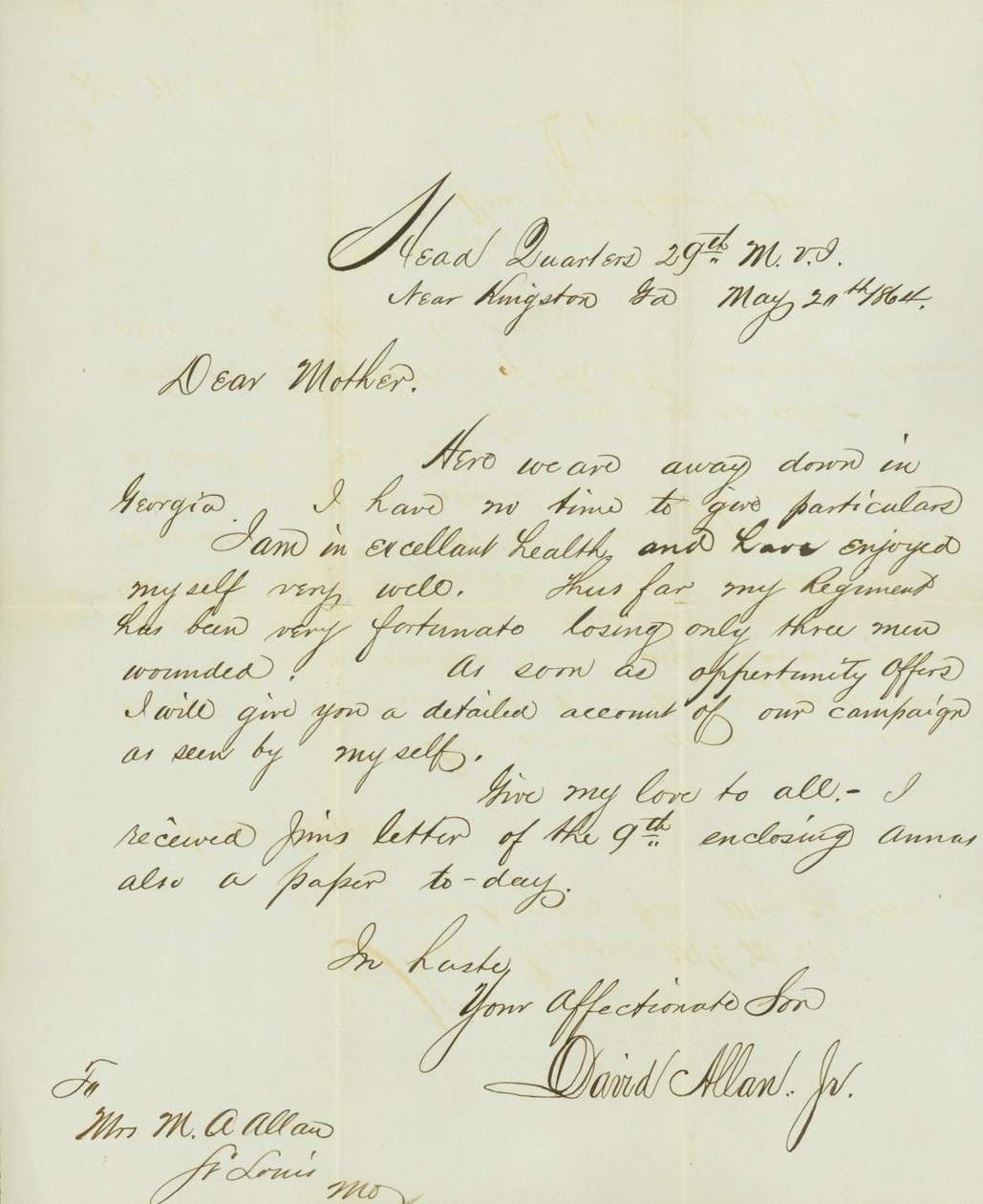 Carta assinada por David Allan Jr., Head Quarters 29th M.V.I., perto de Kingston, Ga., à sua mãe Sra. M.A. Allan, St. Louis, Mo., 20 de Maio de 1864 de David Allan