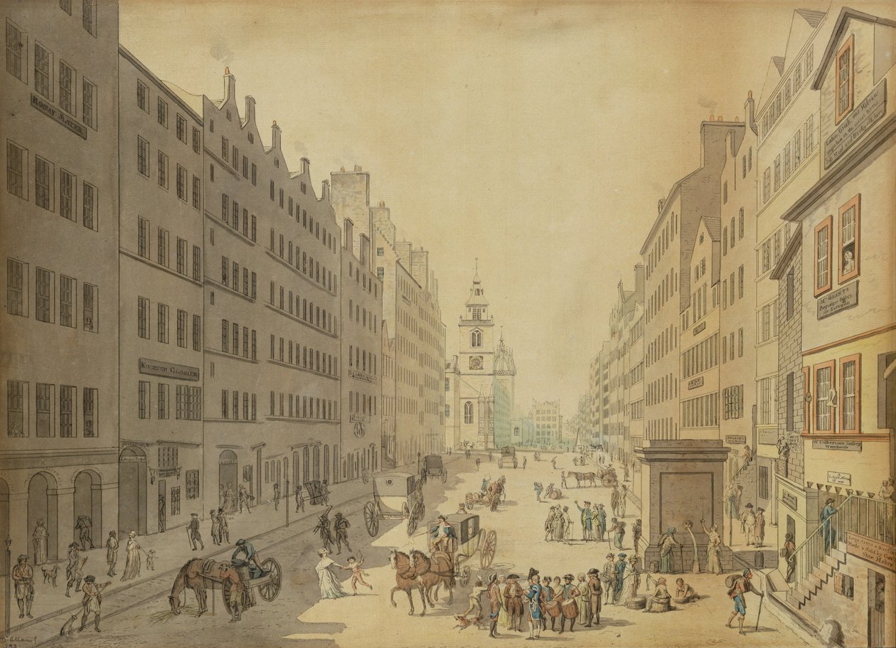Vista da rua principal de Edimburgo, a partir do leste, 1793 de David Allan