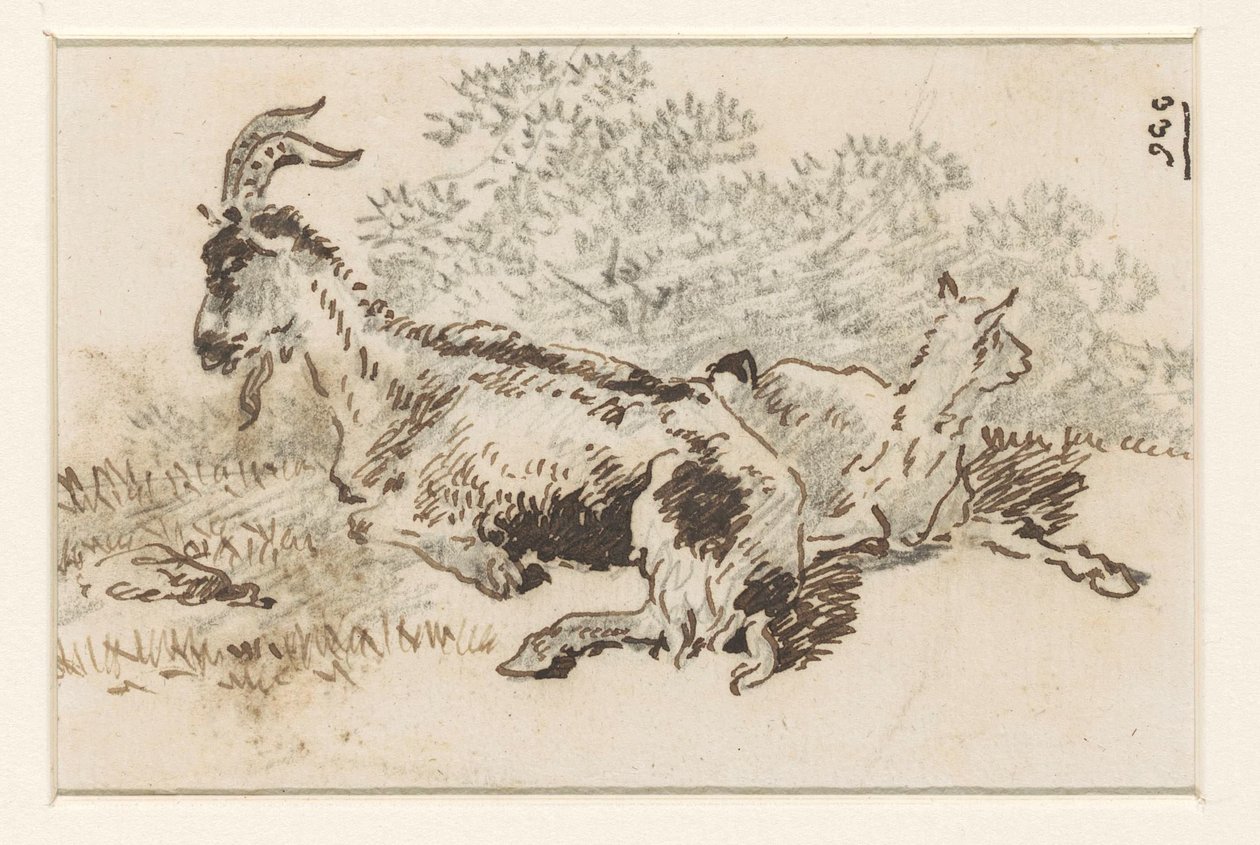 Cabra e cabrito numa paisagem de David Alphonse de Sandoz Rollin