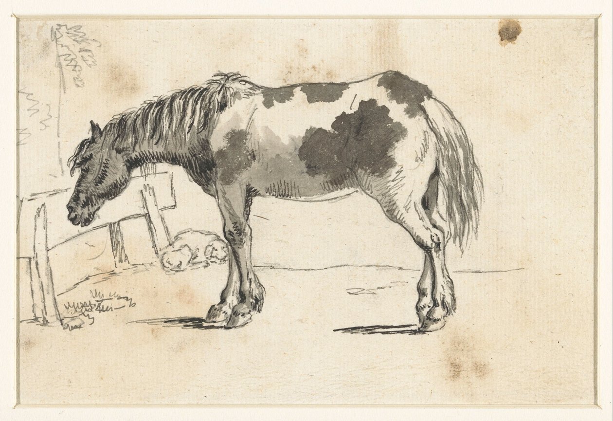Um cavalo em pé e um cão reclinável de David Alphonse de Sandoz Rollin